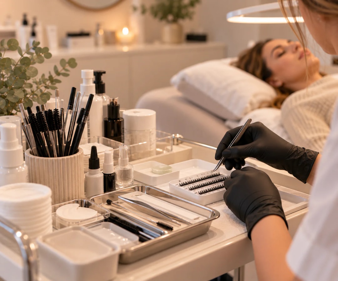 Professionelles Wimpern- und Augenbrauenstyling bei Sabrina Scheucher in Graz-Umgebung – Vorbereitung einer Wimpernbehandlung mit Präzisionspinzette und hochwertigen Beauty-Produkten.