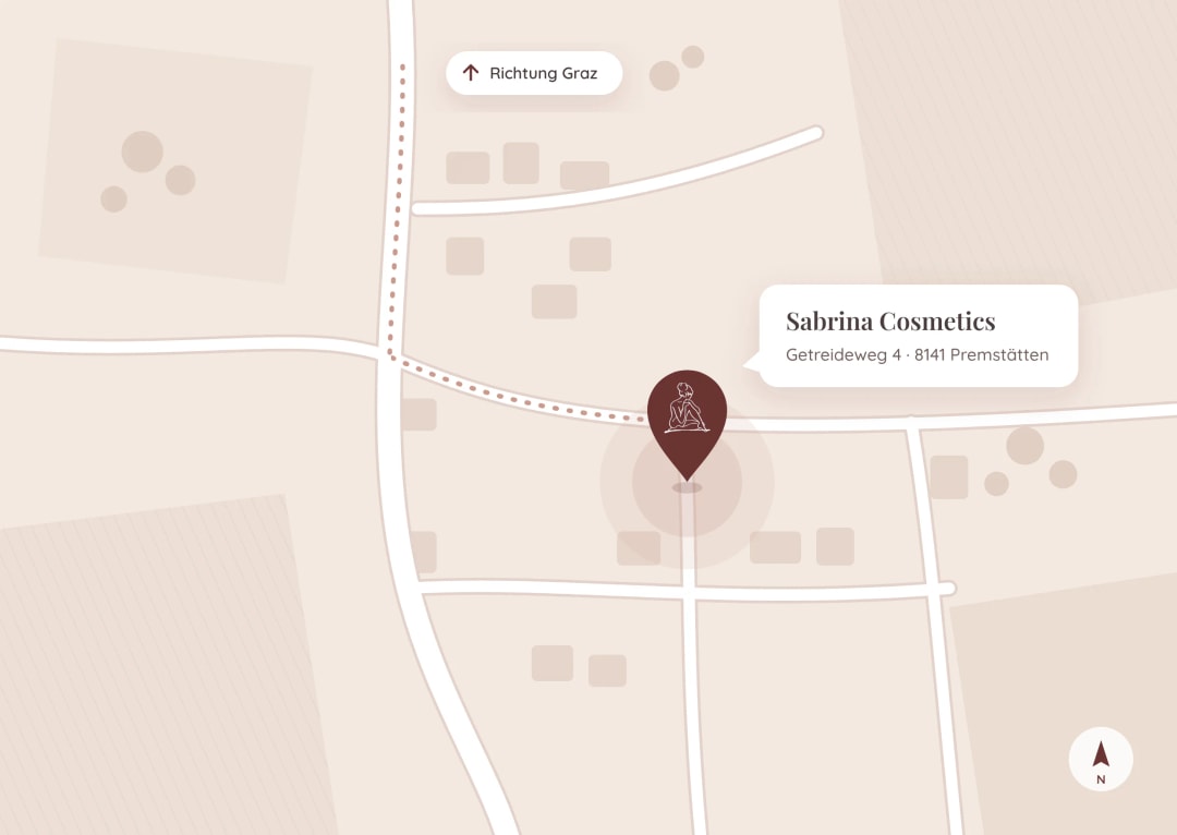 Stilisierte Karte mit Pin bei Sabrina Cosmetics und Adresse Getreideweg 4, 8141 Premstätten