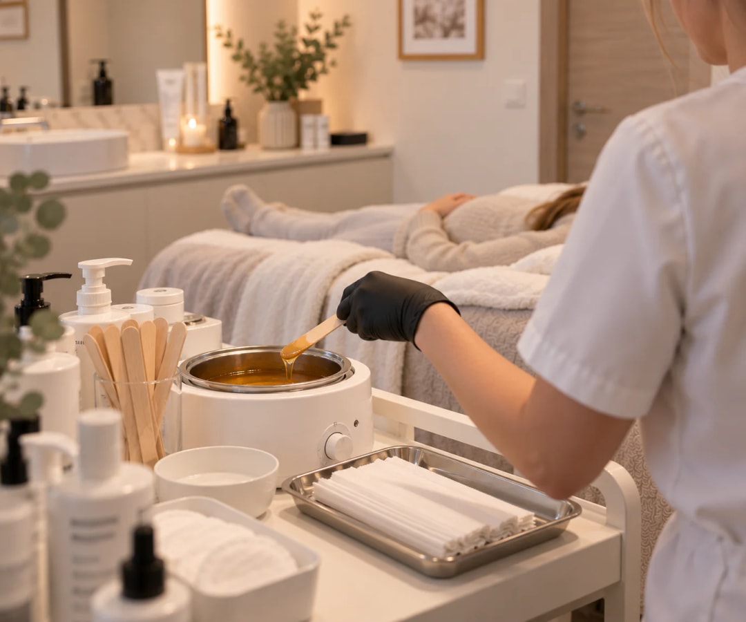 Vorbereitung einer professionellen Haarentfernung mit Warmwachs im Kosmetikstudio von Sabrina Scheucher in Graz-Umgebung.