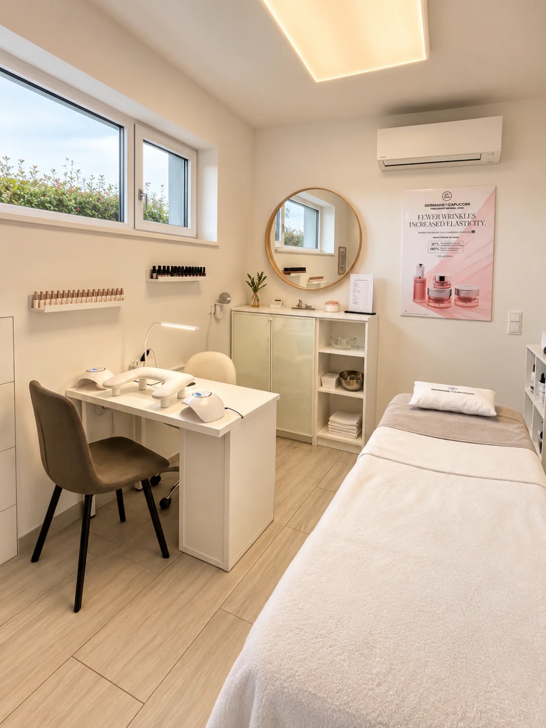 Heller Maniküre- und Kosmetikbereich im Studio von Sabrina Scheucher in Graz-Umgebung mit professionellem Nagelarbeitsplatz, Nagellacken und Kosmetikliege.“