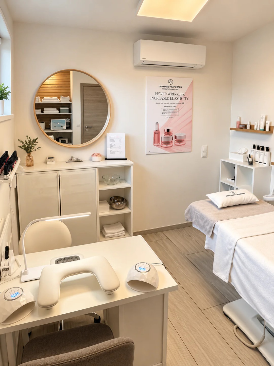 Moderner Bereich für Nageldesign und Maniküre im Kosmetikstudio von Sabrina Scheucher in Graz-Umgebung, mit professionellem Nagelarbeitsplatz und Kosmetikliege.